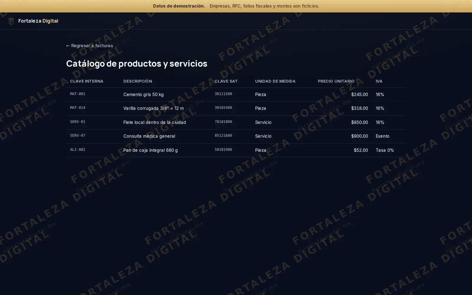 Tus productos y servicios — pantalla real de nuestro sistema de facturación